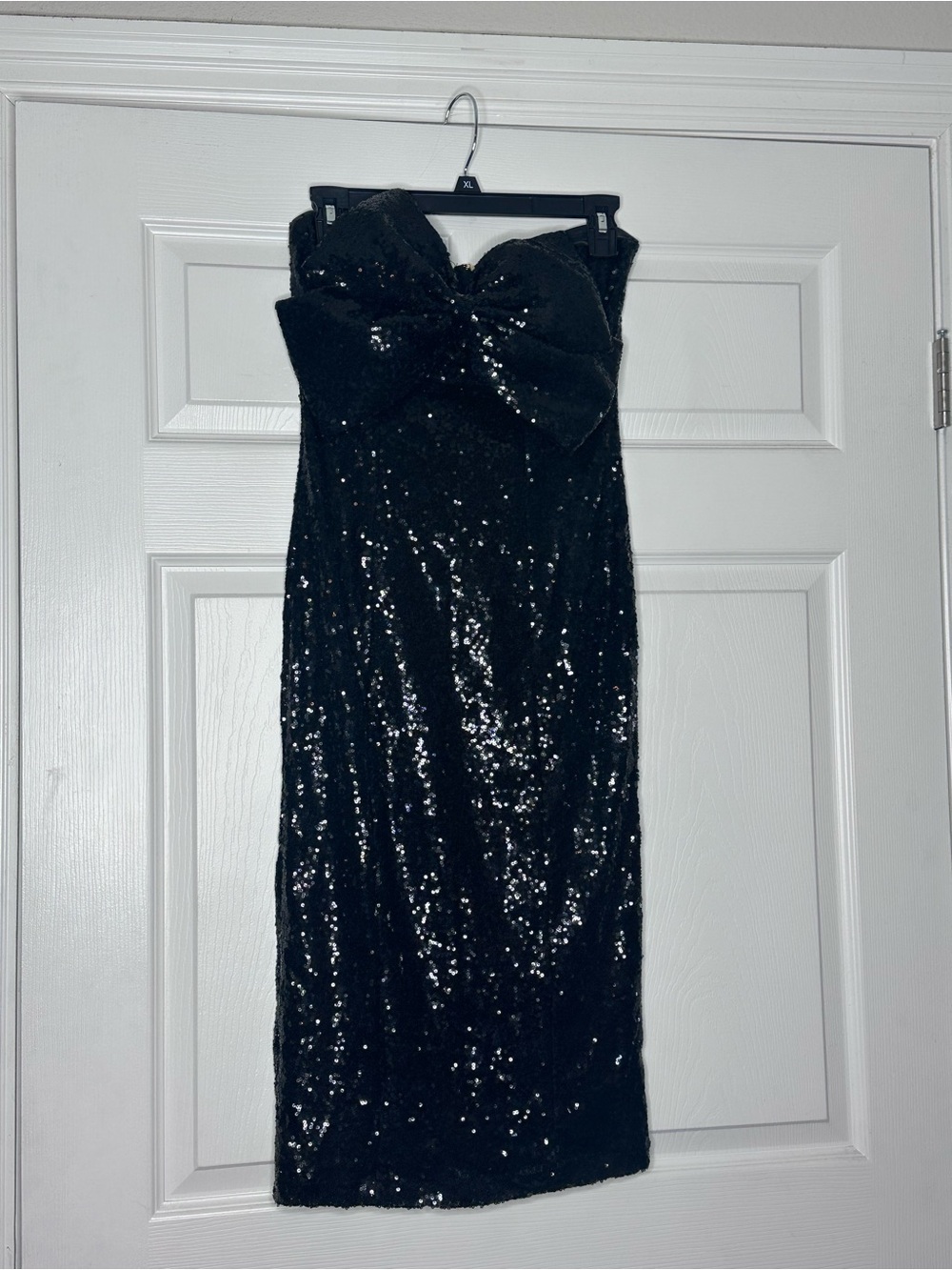 Fashion Nova Black Strapless Sequin Midi Dress with Bow
